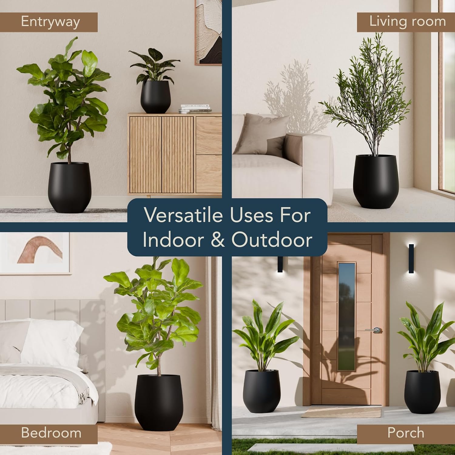 KUTE NEST 16.5' H x 15' D Premium Corso Fiberstone Round Planter for Outdoor & Indoor Plants, Ideal for Snake Plants, Monstera & House Plants, Included 2 Extra Coco Mats (Black, 11.5' Pot Opening)