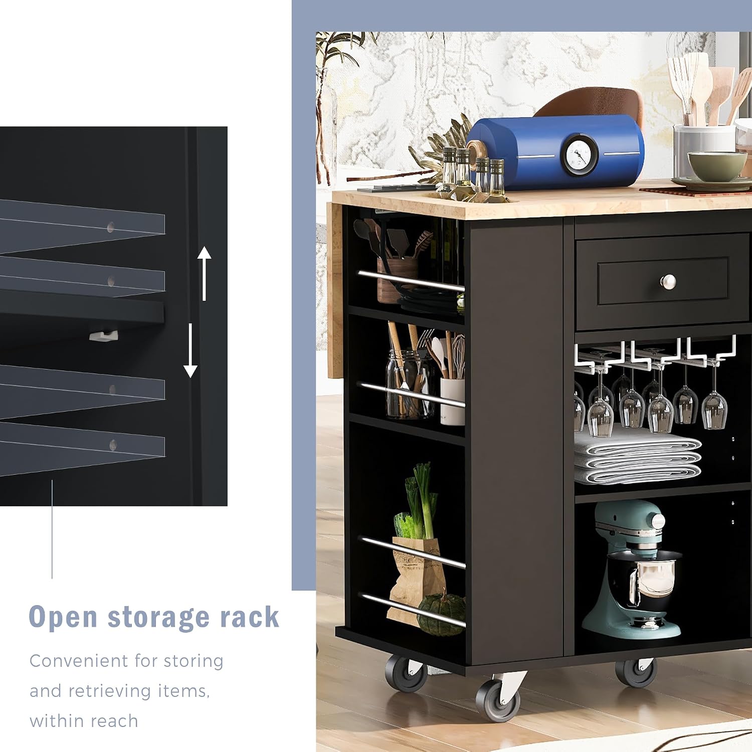 Merax 40' Width Kitchen Island with Storage, Rolling Kitchen Islands Cart with Power Outlet & Open Storage Shelves, Drop Leaf, Rubberwood Top, Lockable Wheels, Wine Rack, Towel Rack (Black)