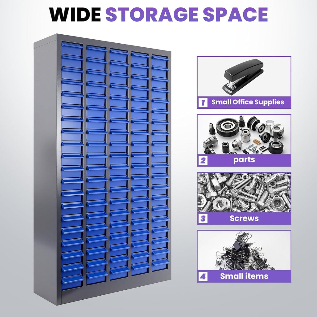 100 Drawers Nut and Bolt Organizer, 26' D x 9' W x 46' H Bolt and Nut Tool Storage Cabinet, Stainless Steel Parts Cabinet with Shelves and Label Stickers for Workshop Garage Warehouse (100 Drawers)