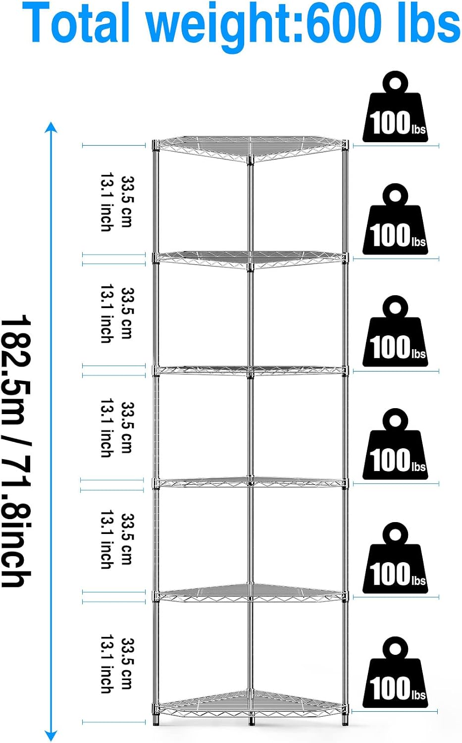 6 Tier NSF Metal Shelf Pentagonal Corner Wire Shelving Unit, 600lbs Capacity Heavy Duty Adjustable Storage Rack with Shelf Liners for Kitchen Garage Office Etc Room Corner, 72'H x 20'L x 20'D - Chrome