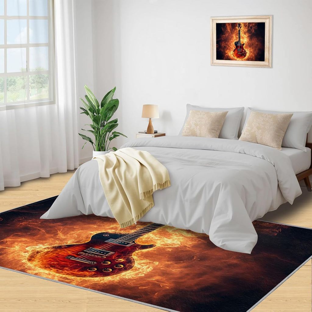 Flame Guitar Rug - Rug 5x7 - Electric Guitar Rugs for Living Room - Soft & Non Slip & Washable Rugs for Bedroom, Instrument Carpets for Dining Room Lounge Girls Room
