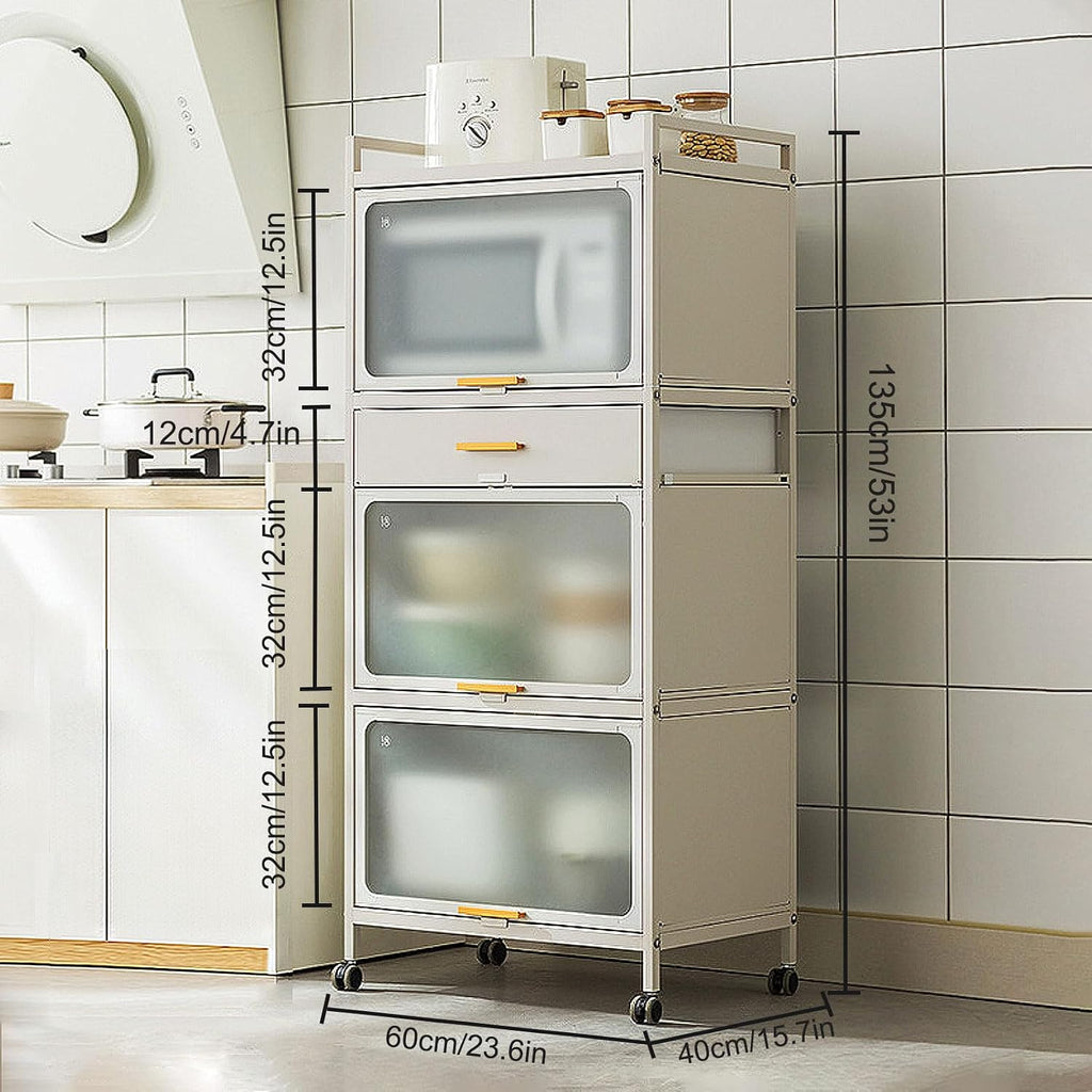 5 -Tier Kitchen Hutch with Flip Door Cabinet, Bakers Rack with Drawers, Coffee Cabinet Bar, Microwave Cart with Brakeable Casters, Pantry Cabinets for Kitchen Storage,White,60×135cm/23.6×53in