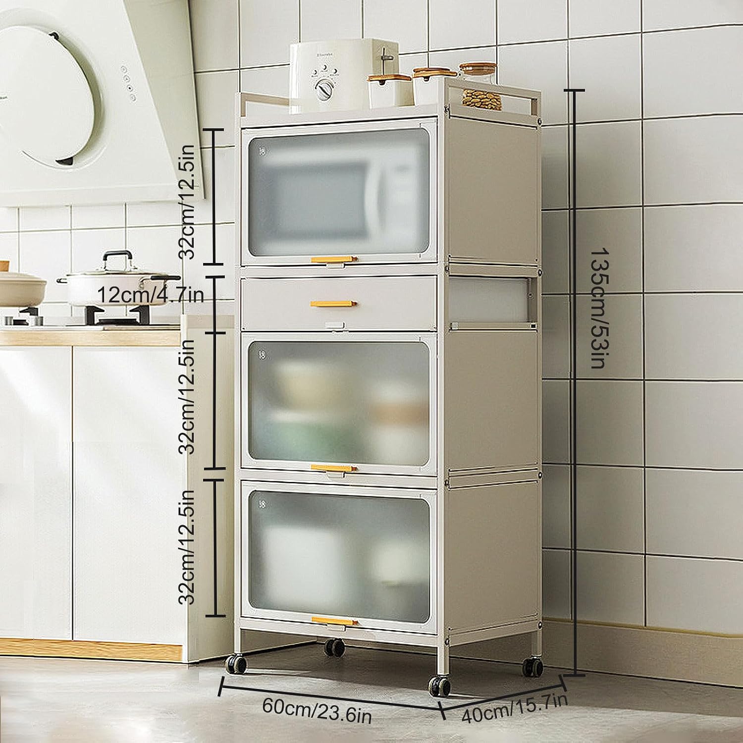 5 -Tier Kitchen Hutch with Flip Door Cabinet, Bakers Rack with Drawers, Coffee Cabinet Bar, Microwave Cart with Brakeable Casters, Pantry Cabinets for Kitchen Storage,White,60×135cm/23.6×53in