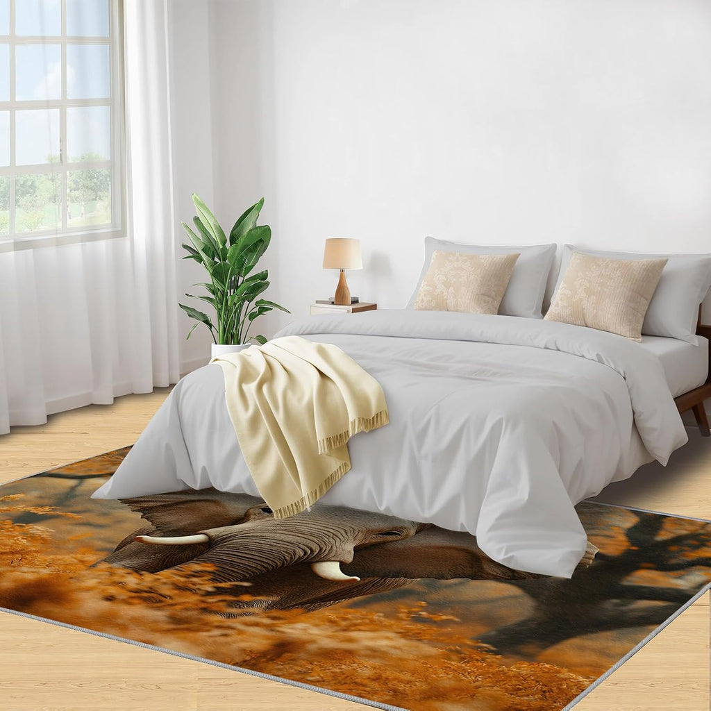 Elephant Rug 6x8, Forest Rugs for Bedroom, Animal Rugs for Living Room, Washable Area Rug for Boys Girls Room, Non Slip & Low Pile Carpet