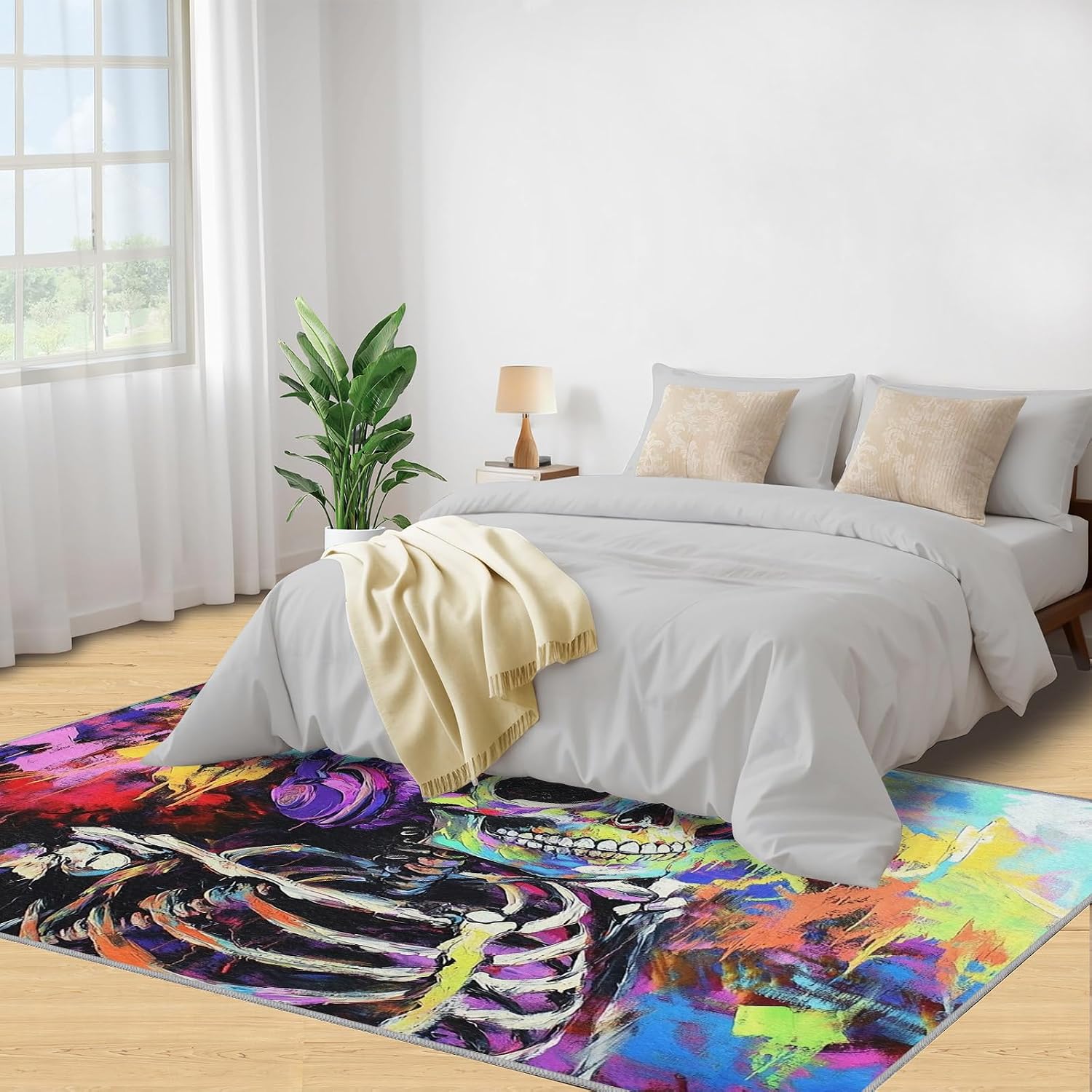 Skeleton Rugs for Bedroom - 6x8 Rug, Graffiti Area Rugs for Living Room, Gothic Skull Carpet, Halloween Carpet, Washable Mat, Skull Home Decor & Gifts