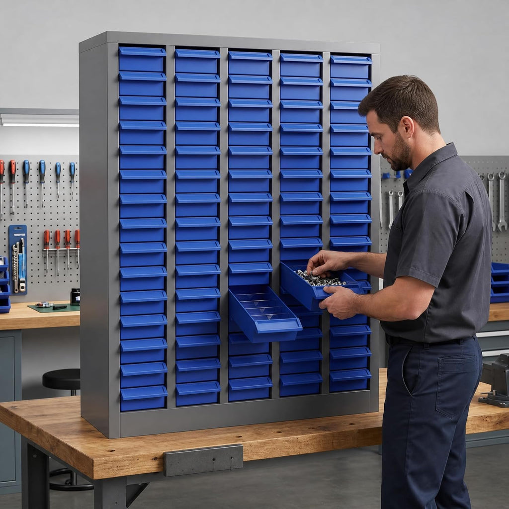 Vohala 75 Drawer Nut and Bolt Organizer, Industrial Parts Cabinet with 375 Adjustable Dividers & 150 Label Slots, Rust-Resistant Alloy Steel Frame, ABS Drawers for Workshop Garage Warehouse