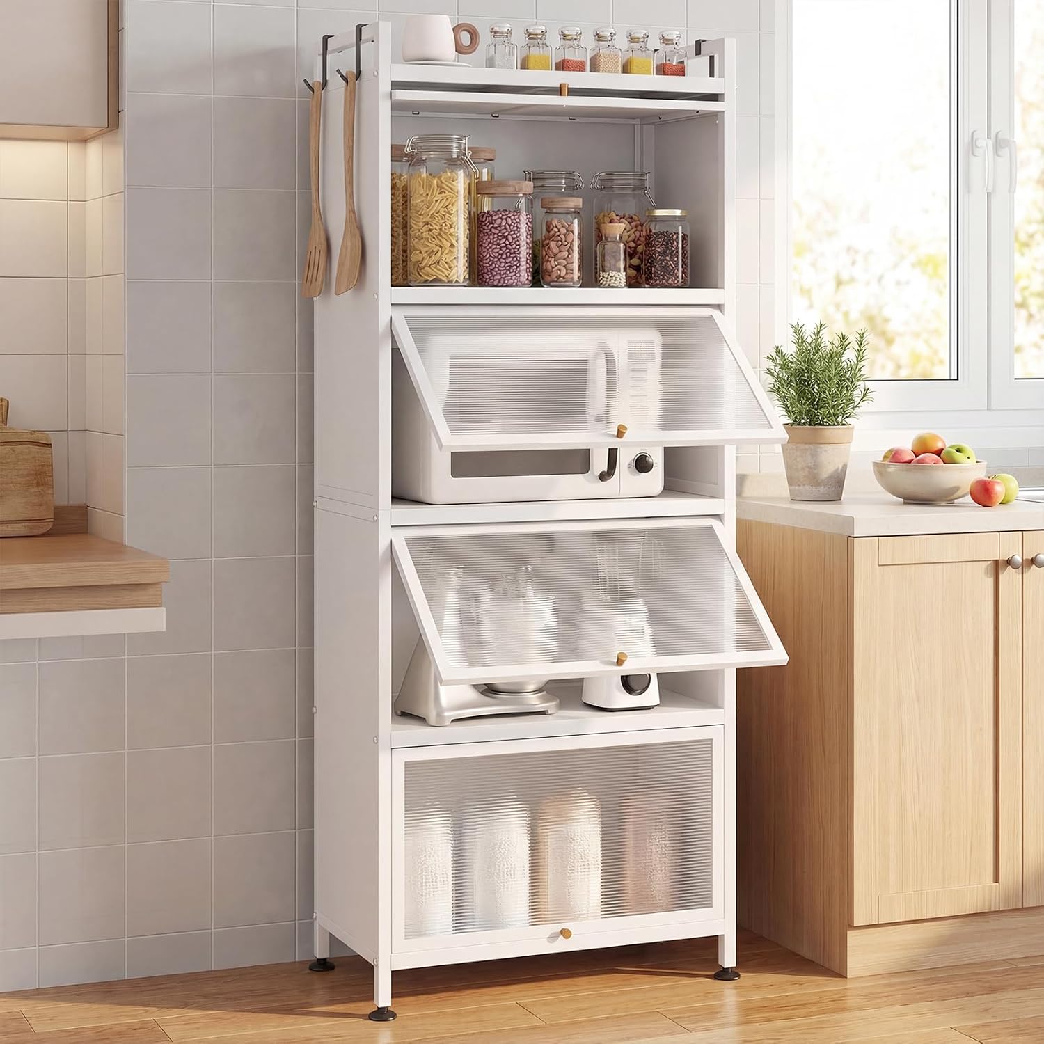 LDAILY 5-Tier Kitchen Storage Cabinet, Mobile Microwave Stand with Metal Frame, Double Anti-toppling Device, 4 Rolling Casters, Freestanding Bakers Rack for Kitchen, Dining Room, Living Room (White)