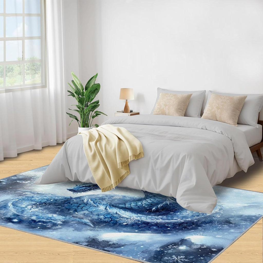 Asian Dragon Rug 6x8, Ice Dragon Rugs for Girls Room, Fantasy Rugs for Bedroom, Washable Area Rug for Bedside Dining Room Kitchen Floor Mat