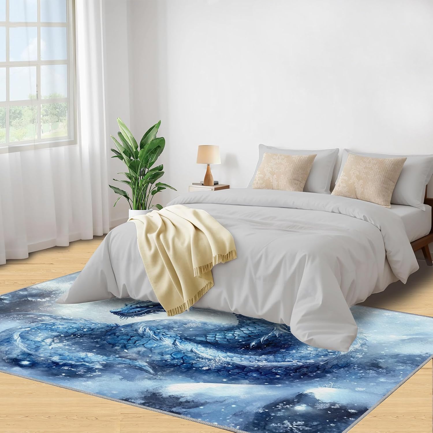 Asian Dragon Rug 6x8, Ice Dragon Rugs for Girls Room, Fantasy Rugs for Bedroom, Washable Area Rug for Bedside Dining Room Kitchen Floor Mat