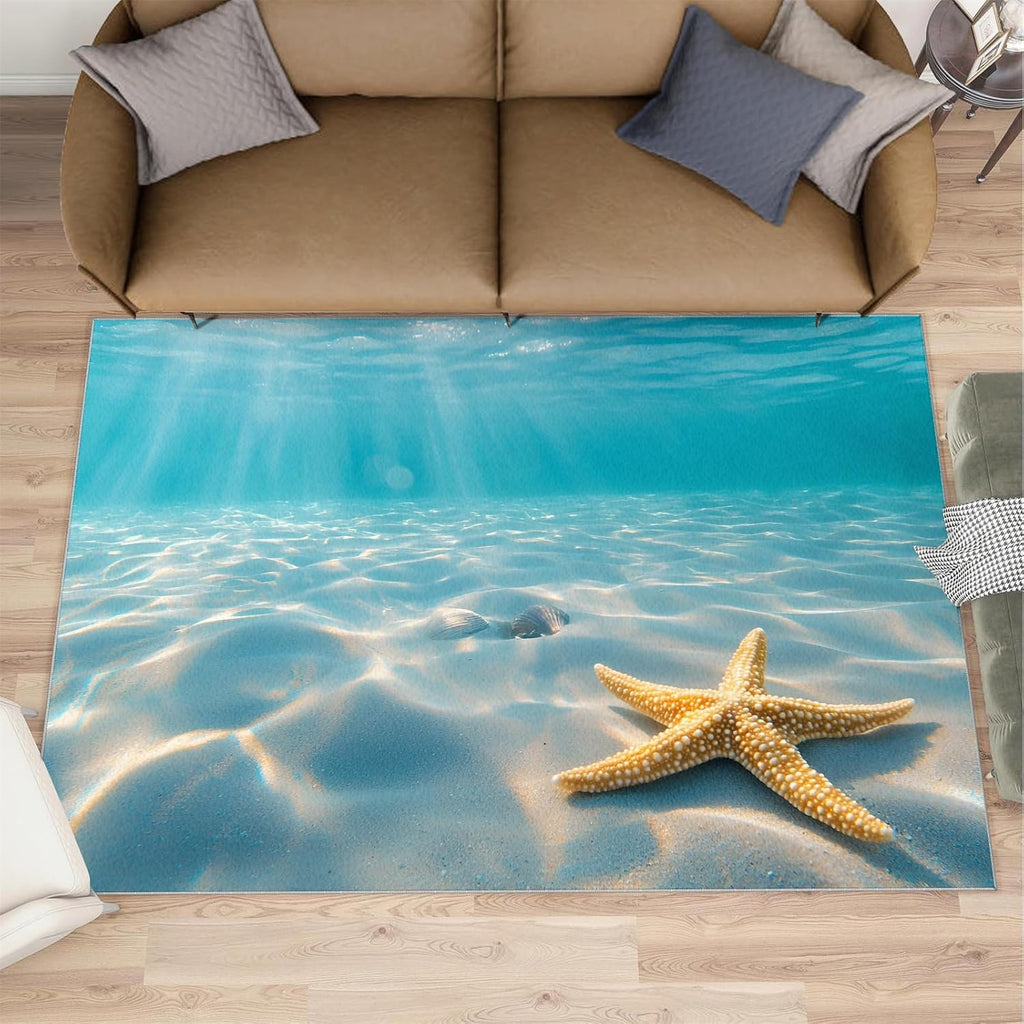 Coastal Starfish Rugs for Bedroom - 6x8 Rug, Nautical Coastal Area Rugs for Living Room, Underwater Carpet, Ocean Washable Area Mat, Tropical Sea Carpet, Beach Home Decor & Gifts