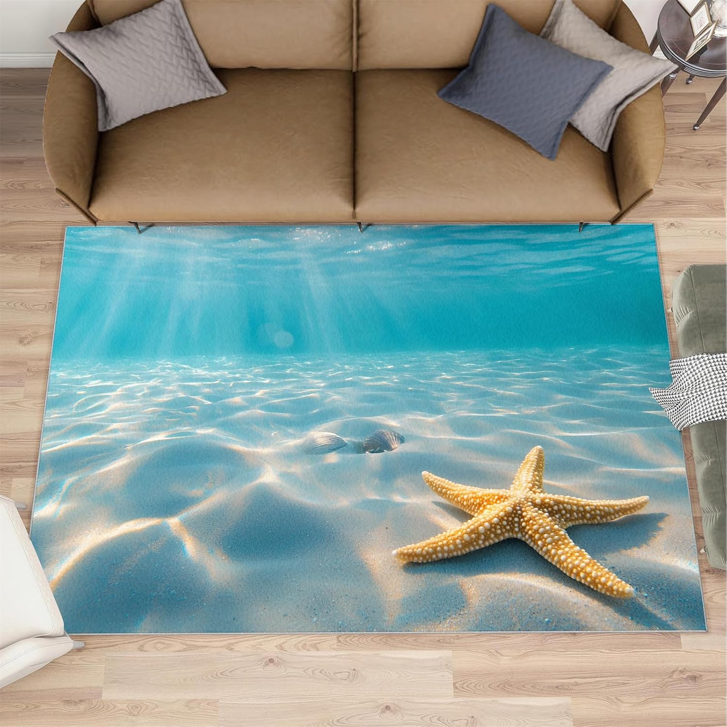 Coastal Starfish Rugs for Bedroom - 6x8 Rug, Nautical Coastal Area Rugs for Living Room, Underwater Carpet, Ocean Washable Area Mat, Tropical Sea Carpet, Beach Home Decor & Gifts