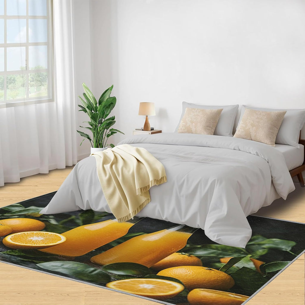 Orange Juice Area Rug Large - 6x8 Rug, Oranges Rugs for Living Room, Fruit Carpet, Fruits Drink Washable Area Rugs for Bedroom, Modern Carpet, Orange Home Decor