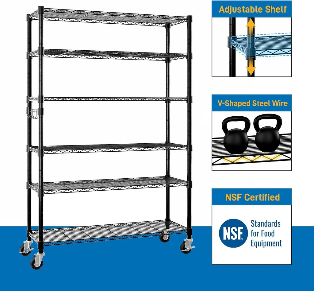 6-Tier Shelving Metal Storage Rack Adjustable Shelves,Standing Storage Shelf Units for Laundry Bathroom Kitchen Pantry Closet (Black 46.06''D × 17.72''W × 81.89''H)