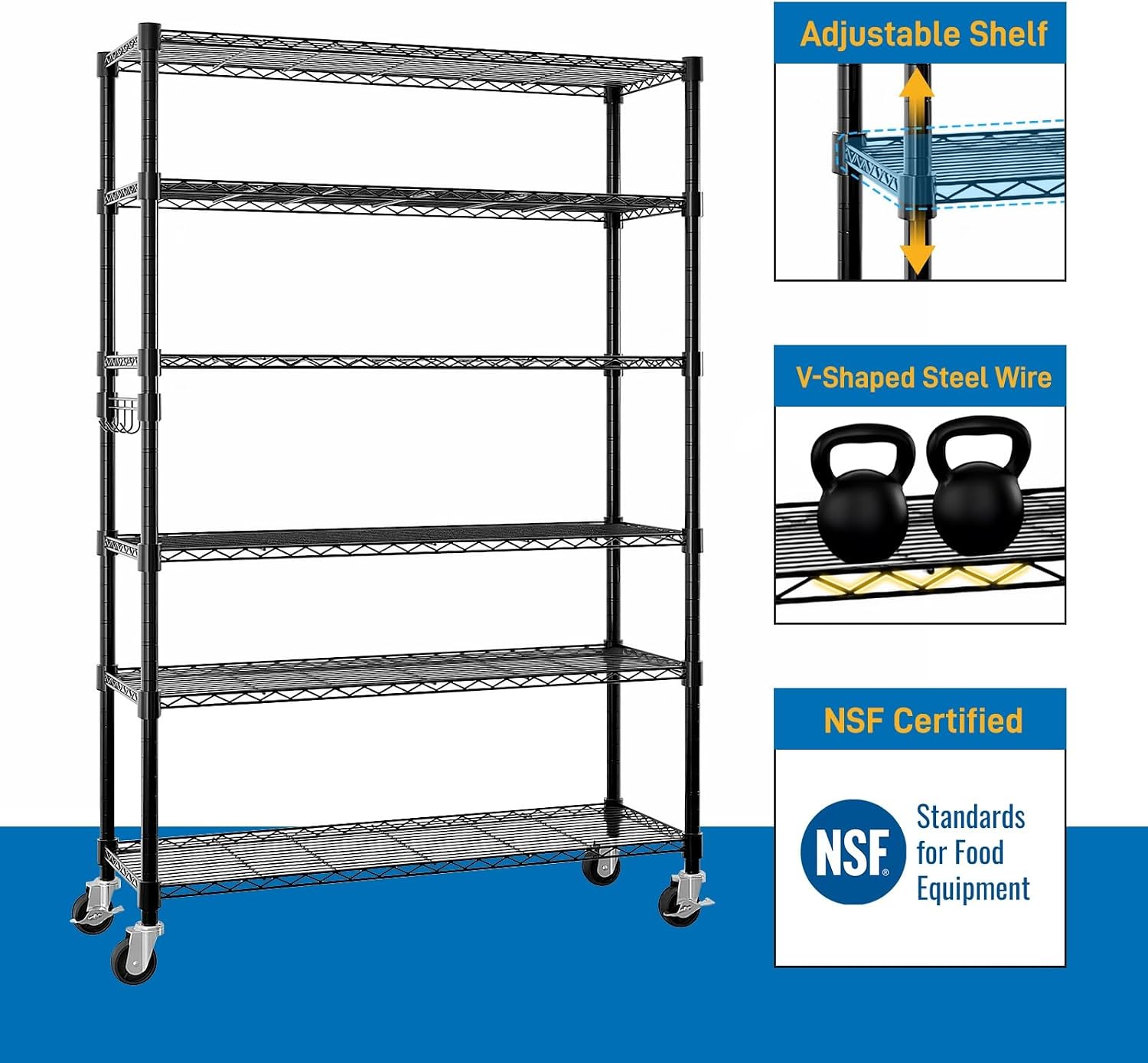 6-Tier Shelving Metal Storage Rack Adjustable Shelves,Standing Storage Shelf Units for Laundry Bathroom Kitchen Pantry Closet (Black 46.06''D × 17.72''W × 81.89''H)