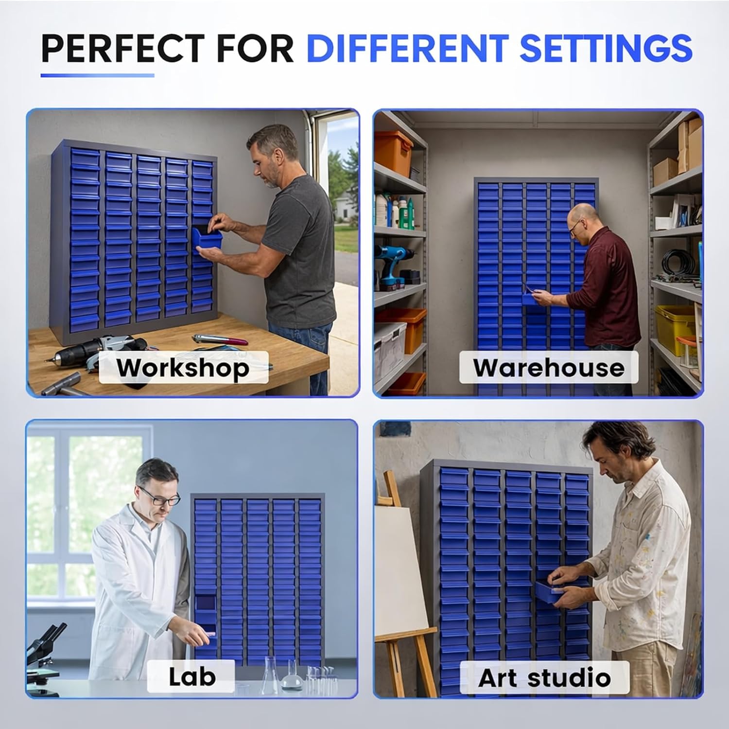 100 Drawers Parts Cabinet, Alloy Steel Tool Storage with Dividers, Nut and Bolt Organizer 25.8''L× 8.66''W×46''H, 44.5lbs Capacity for Tool Harware and Workshop, Blue
