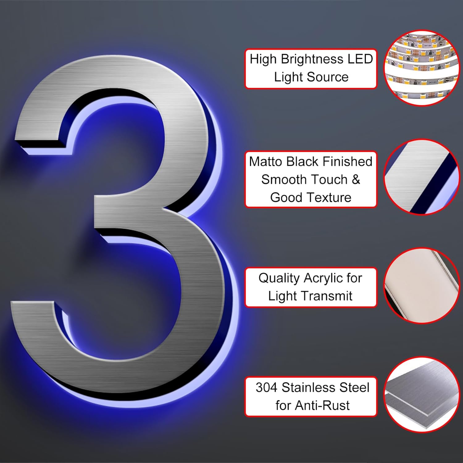 Backlit Illuminated LED House Numbers For Outside, Lighted Address Signs For Houses Address Lights For House LED Address Signs Lighted House Number Sign,20 Inch/500mm,S