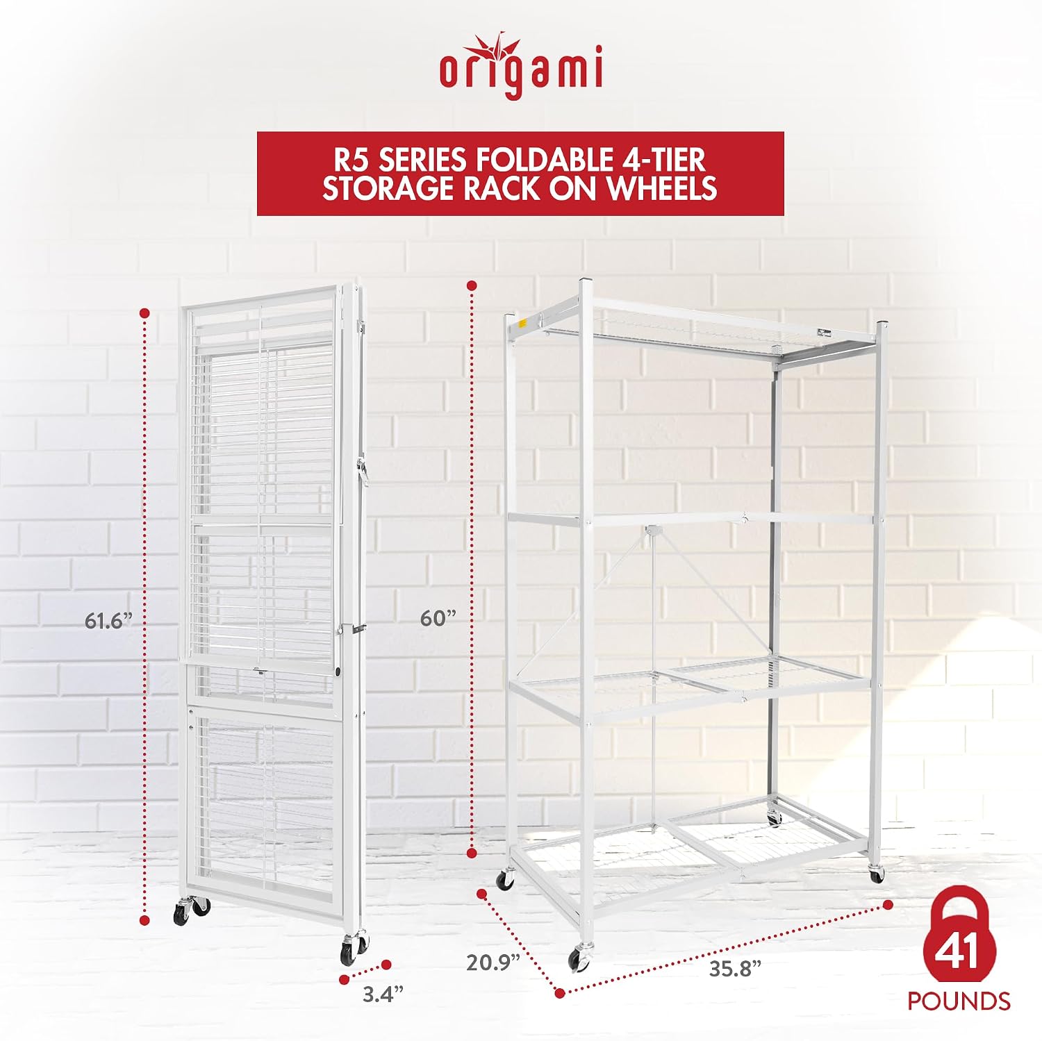 Origami R5 Foldable 4-Tier Garage Shelving Heavy Duty Shelving with Wheels, Metal Storage Rack Holds 1000 pounds, Garage Storage Rack & Organization, Storage Shelving (White, R5)