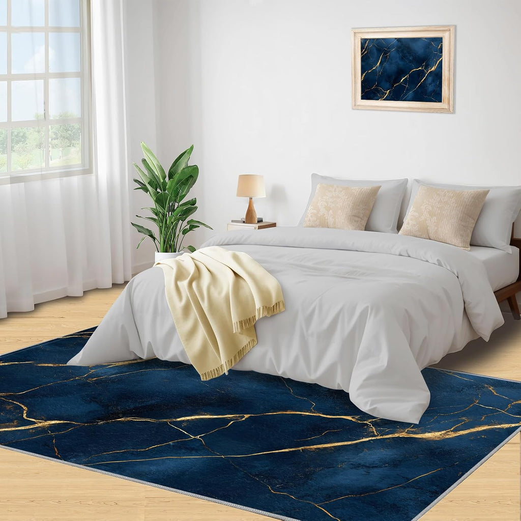 Blue Gold Marble Rug 6x8-6x8 Rug, Modern Art Area Rugs for Living Room Bedroom, Abstract Area Carpet, European Style Washable Carpet, Marble Home Decor & Gifts