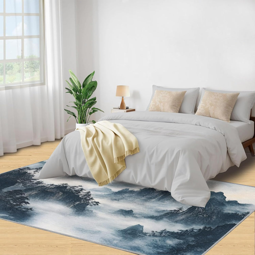 Japanese Rug 6x8-6x8 Rug, Ink Painting Mountains Area Rugs for Living Room Bedroom, Vintage Area Carpet, Oriental Washable Carpet, Japanese Home Decor & Gifts