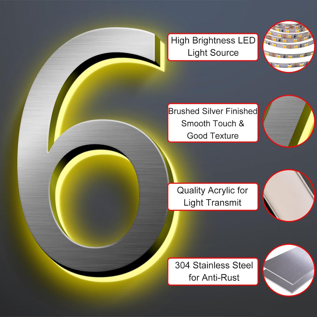 Illuminated Address Number For Outside, Backlit LED Address Numbers For House, Stainless Steel Lighted Up House Numbers, Waterproof, Weather Resistant,18 Inch/450mm,0