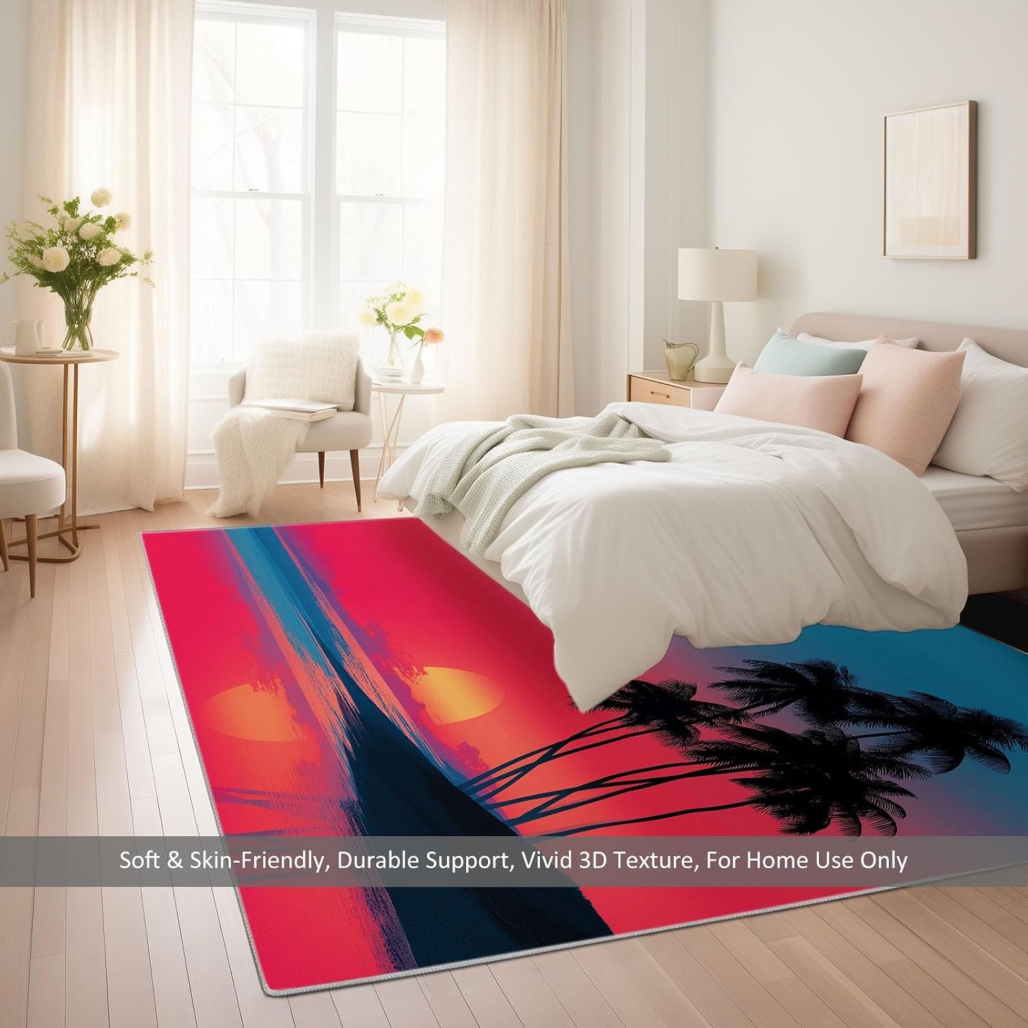 Area Rug 5 x 7 ft for Living Room, Nature Photography Washable Non-Slip Rug - Beach Sunset Palm Trees Low-Pile Print Carpet for Bedroom Dinning Room Entrance Farmhouse Indoor Home Decor