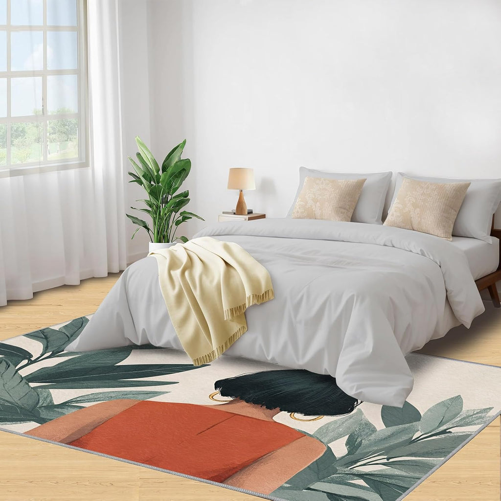 6x8 Fashion Portraits Classroom Rugs - Woman Plants Playroom Rug, Minimalist Art Carpet Area Rug for Girls Bedroom Kids Room Basement Office Classroom