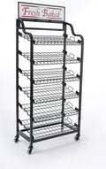 Displays2go Metal Wire Rack Storage Unit with Tilting Shelves, Two Types of Sign Holders, Locking Wheels and Fresh Baked Header, 64 Inch, Black (BAKCRT6NBK)