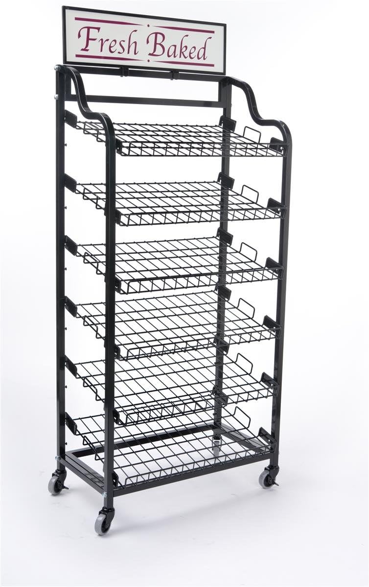 Displays2go Metal Wire Rack Storage Unit with Tilting Shelves, Two Types of Sign Holders, Locking Wheels and Fresh Baked Header, 64 Inch, Black (BAKCRT6NBK)