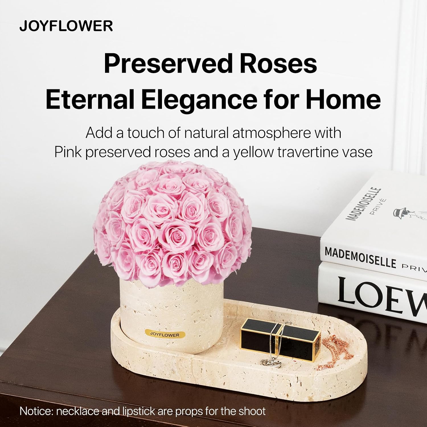 JoyFlower Preserved Flowers Vase, Yellow Travertine Flower Vases & Travertine Tray, Eternal Flower Decorations for Home Living Room Bedroom Coffee Table, Decorative Flower Vase House Decor(Light Pink)
