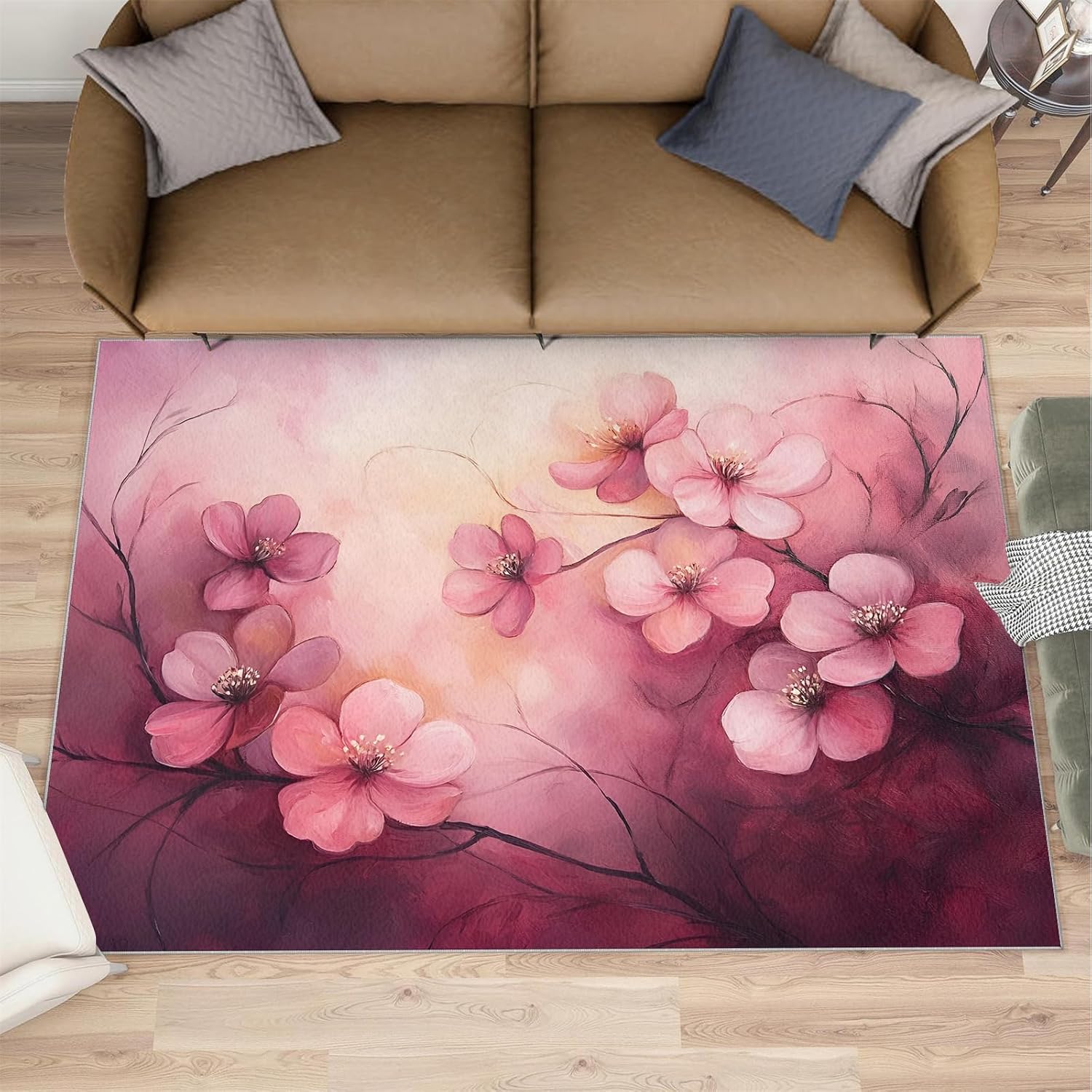 Cherry Blossoms Rug 6x8, Japanese Rugs for Boys Room, Flowers Area Rugs for Bedroom, Low Pile Non Slip Carpet for Computer Game Room Dormitory Decor