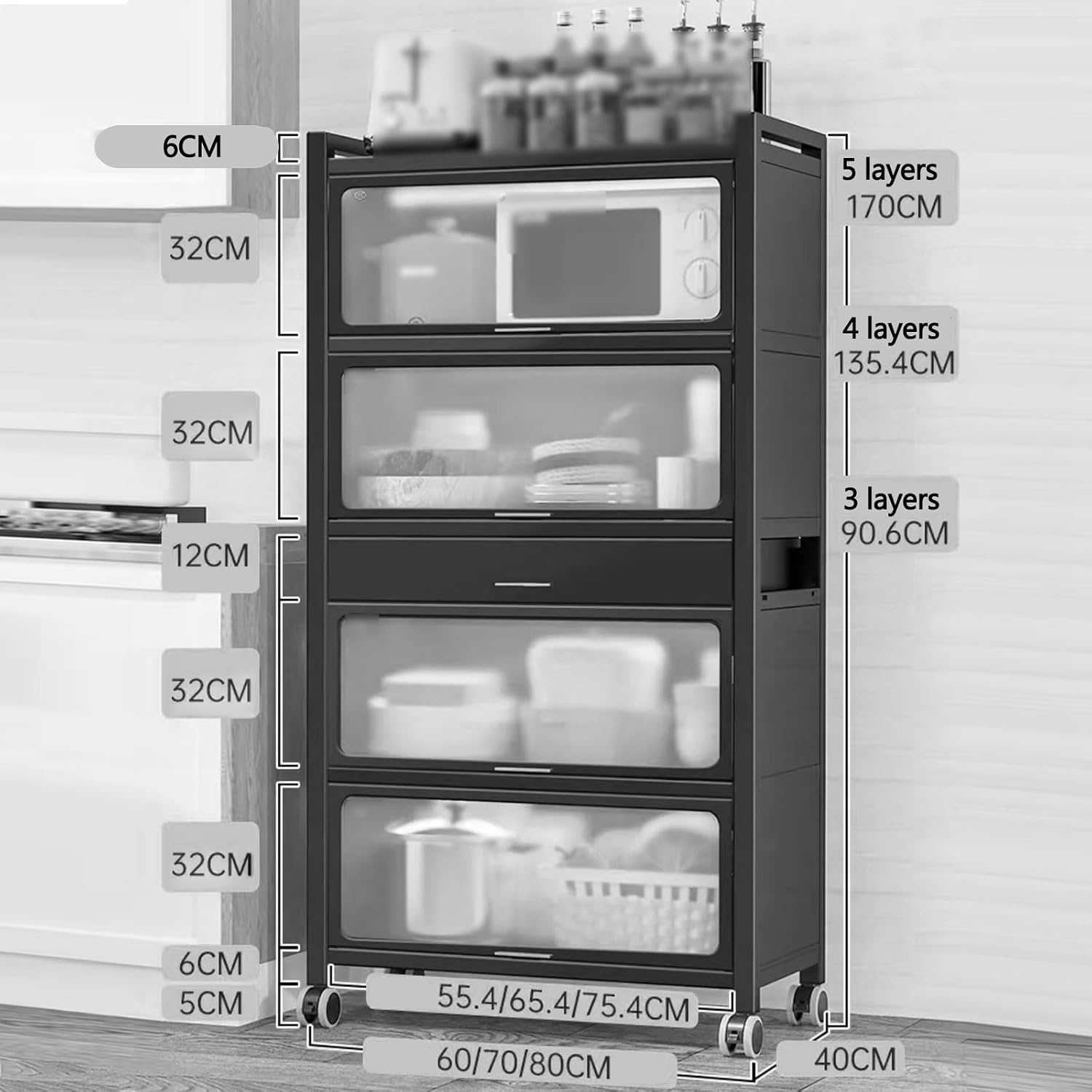 Bakers Rack with Storage Cabinet Kitchen Shelf Organizer and Storage with Drawer with Rolling Wheels, for Spices, Pots and Pans(White,60 * 40 * 135.4cm)