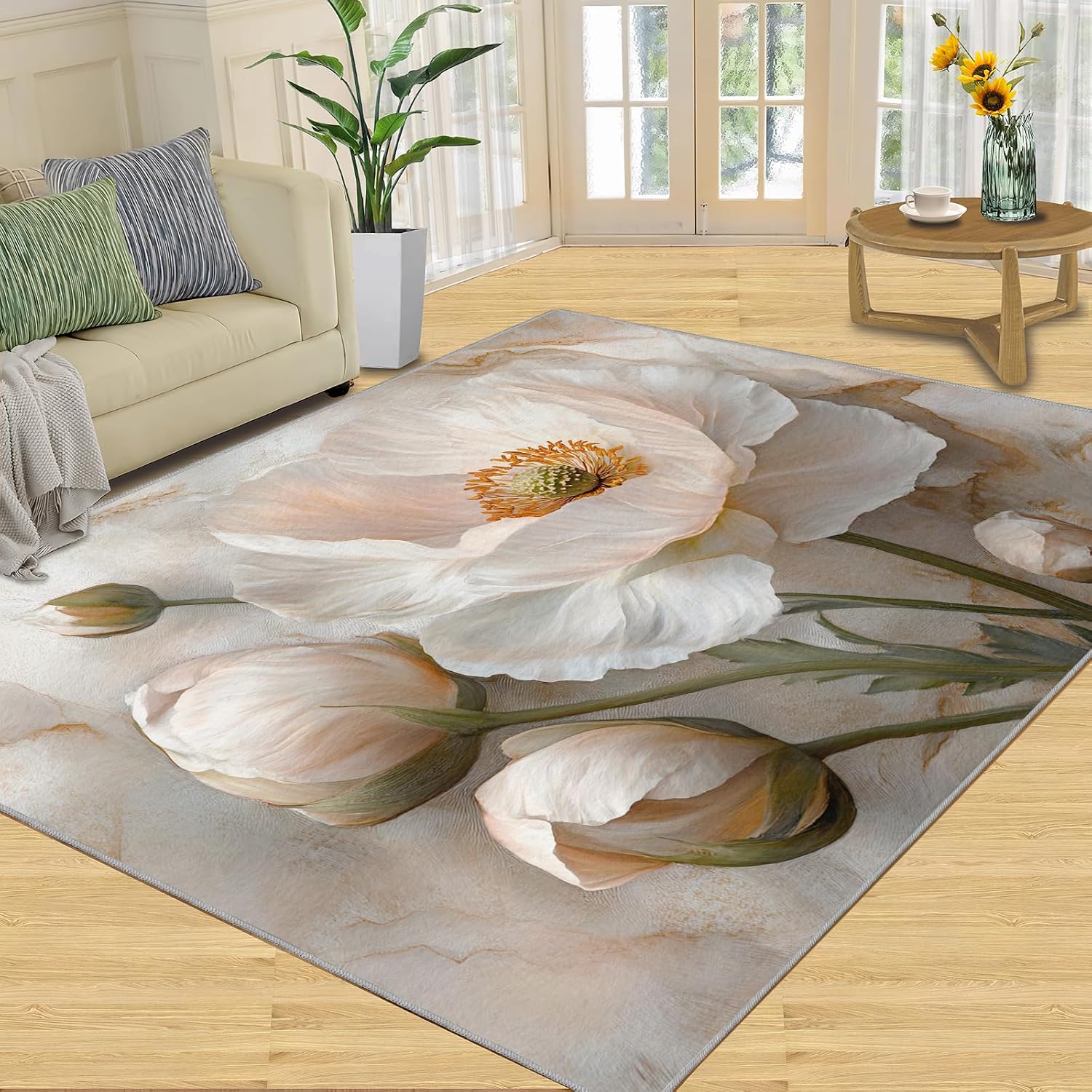 Floral Rugs for Bedroom - 6x8 Rug, Luxury Marble Area Rugs for Living Room, Fantasy Flower Carpet, Nordic Washable Area Mat, Aesthetic Carpet, Floral Marble Home Decor & Gifts