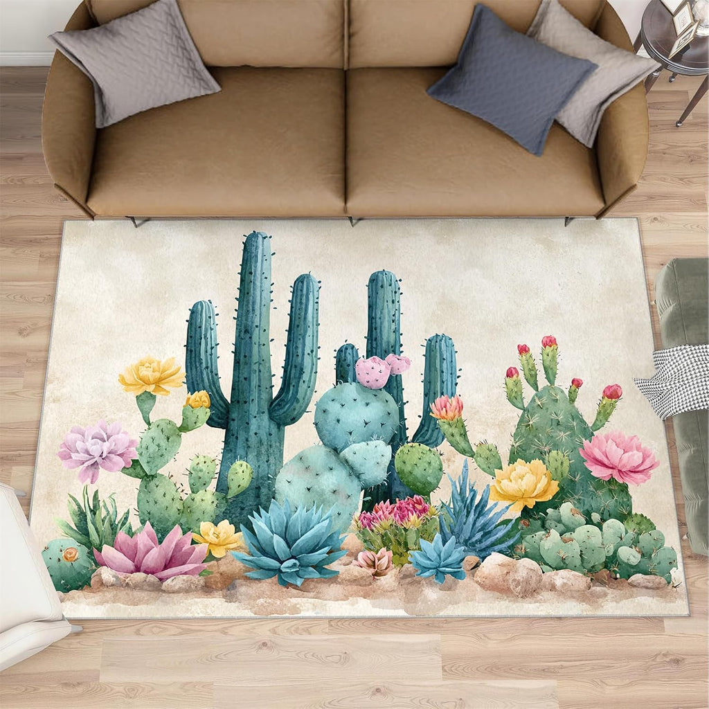 Cactus Rugs for Bedroom, Botanical Rug 6x8, Desert Cactus Dining Room Rugs Washable & Non Slip Large Carpet for Home Decor