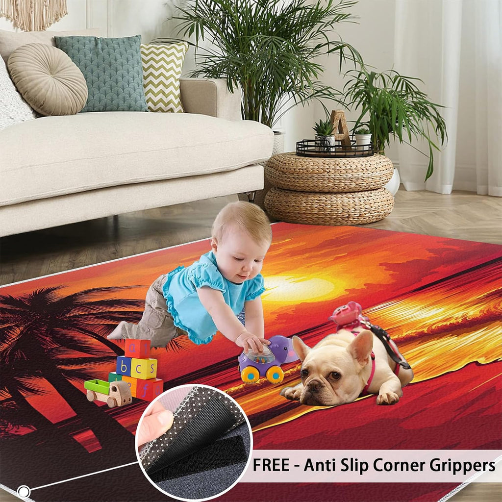 Beach Area Rug 6x8, Ocean Theme Rugs for Bedroom, Sunset Scenery Rugs for Boys Room, Low Pile Non Slip Carpet for Computer Game Room Dormitory