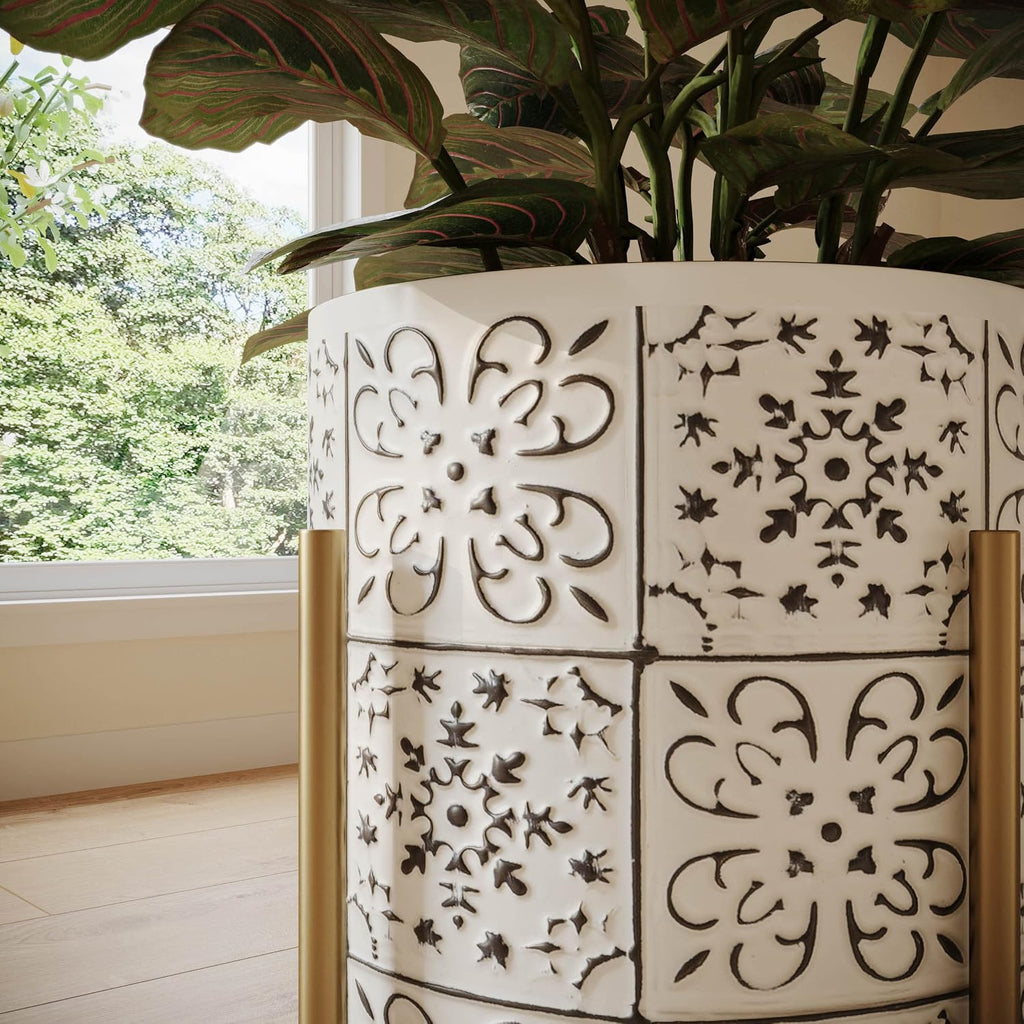 EverNest Tristan White with Black Boho Pattern Plant Pot with Loki Stand, SelectBase Indoor Planter, Neutral Home Decor, Minimalist Artistic Boho Plant Pot (Set of 3, Gold)