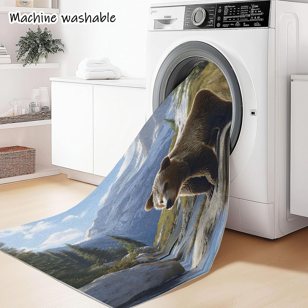 Throw Area Rugs Machine Washable, Living Room 6 x 8 ft Bedroom Anti-Slip Rug, Kitchen Laundry Room Hallway Porch for Home Decor, Low-Pile Soft Animal Brown Bear Cub Carpet Multicolor