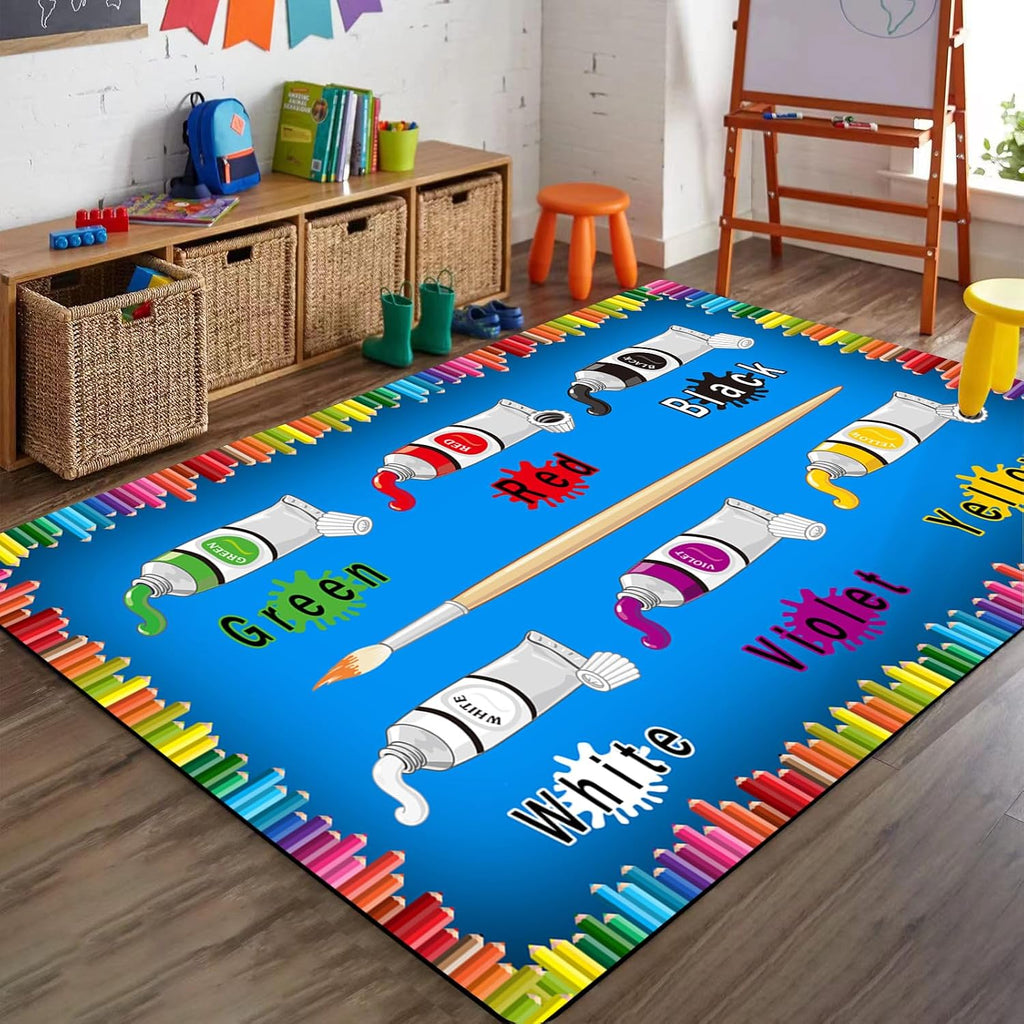 Crayon English Learning Daycare Rug, 6x8ft, Learn Colors Educational Indoor Rugs, Soft Absorbent Bedside Area Rug, Durable Shed Resistant Easy Clean Floor Carpet for Kids Bedroom Dorm