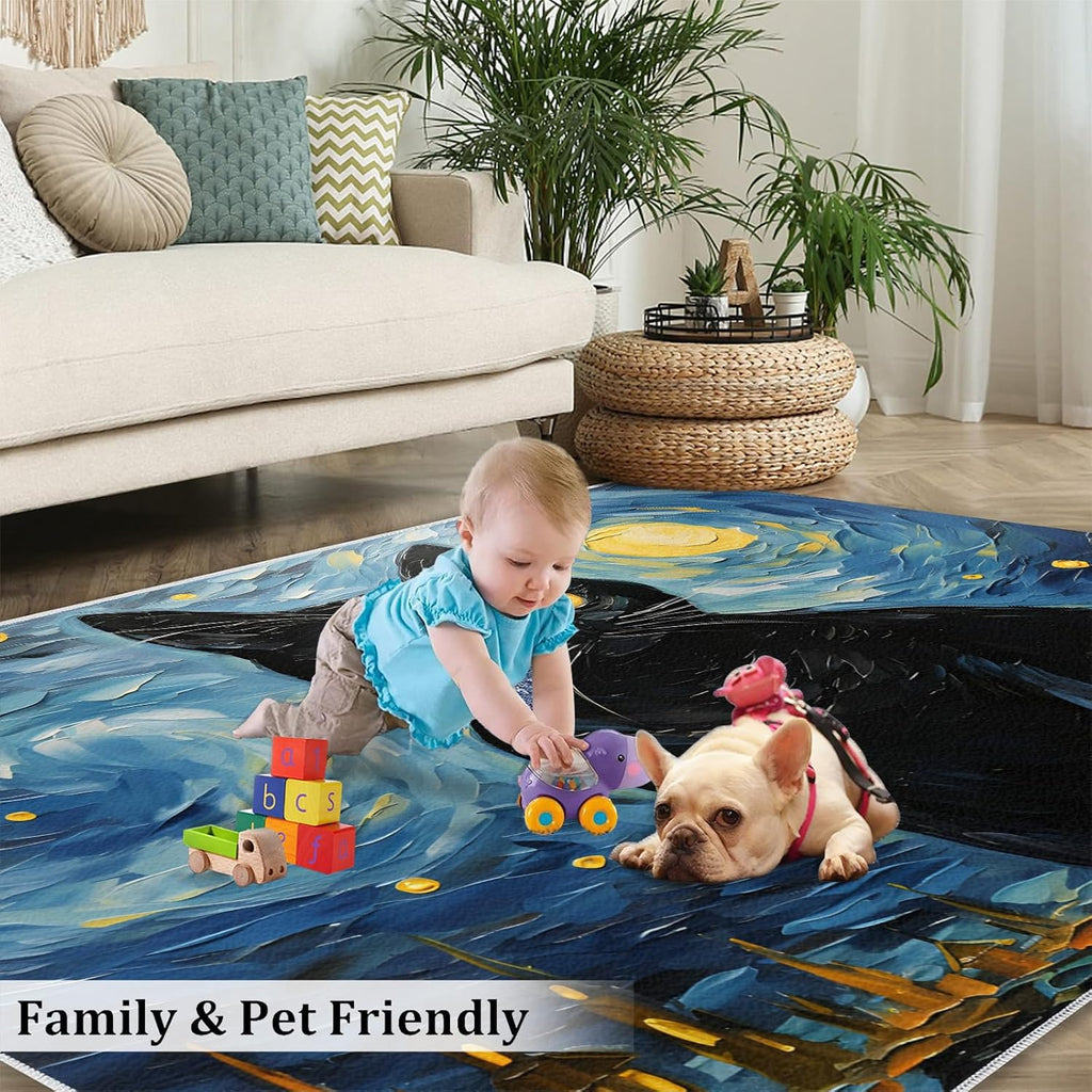 6x8 Area Rug - Starry Night Black Cat Large Rugs for Living Room, Post-Impressionist Art Painting Carpet Area Rug for Girls Bedroom Kids Room Basement Office Classroom