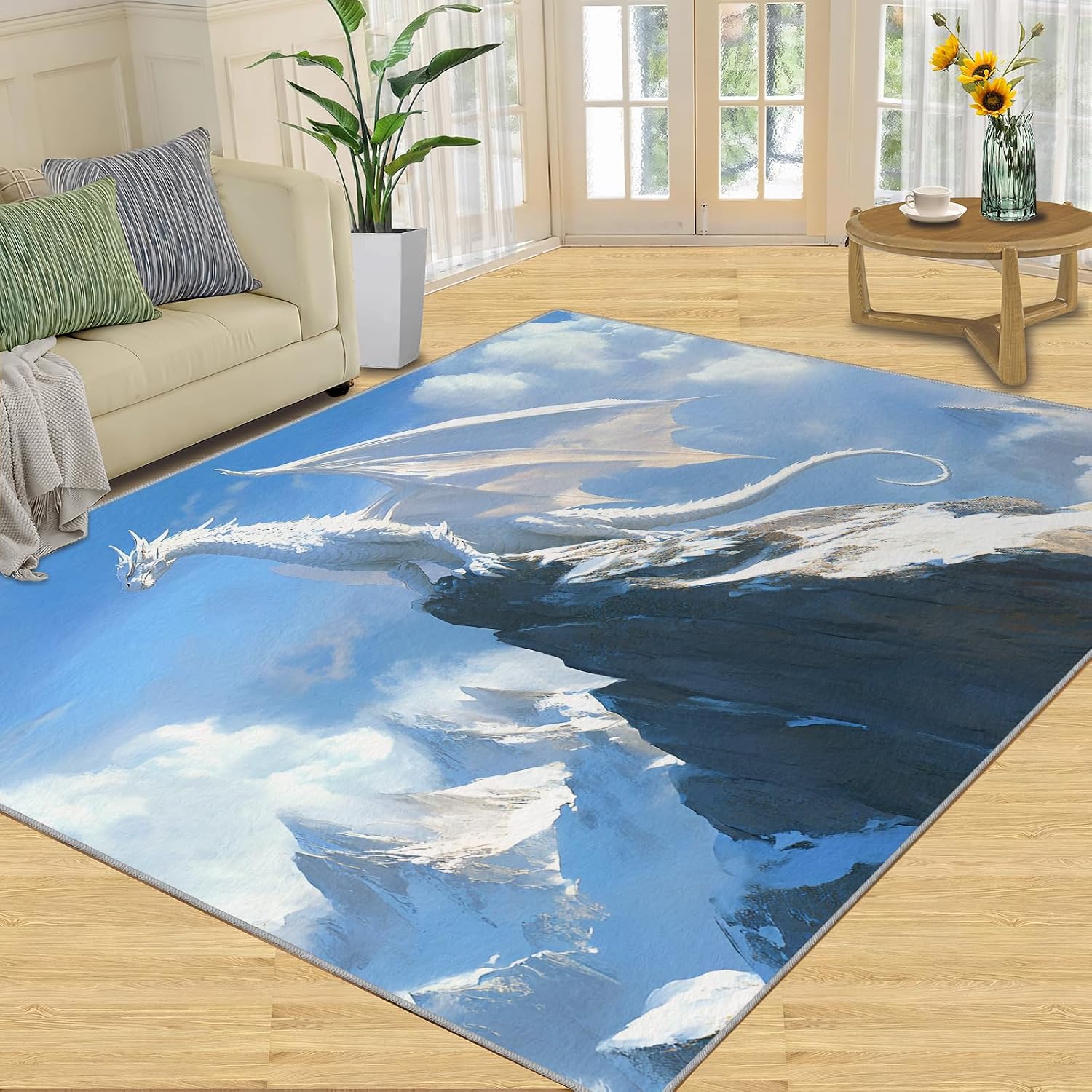 Dragon Rug - 6x8 Rug, Western Area Rugs for Bedroom, Flying Wildlife Rugs for Living Room, Magical Animal Washable Mat, Kids Carpet, Dragon Home Decor & Gifts