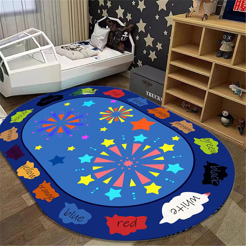 Kids Series Area Rugs,6x8ft,Rugs for Kids to Learn Colors and Shapes, Star Fireworks Pattern Oval Rugs for Classroom Playroom, Soft Non-Slip Floor Mats for Boys and Girls Bedroom Decoration