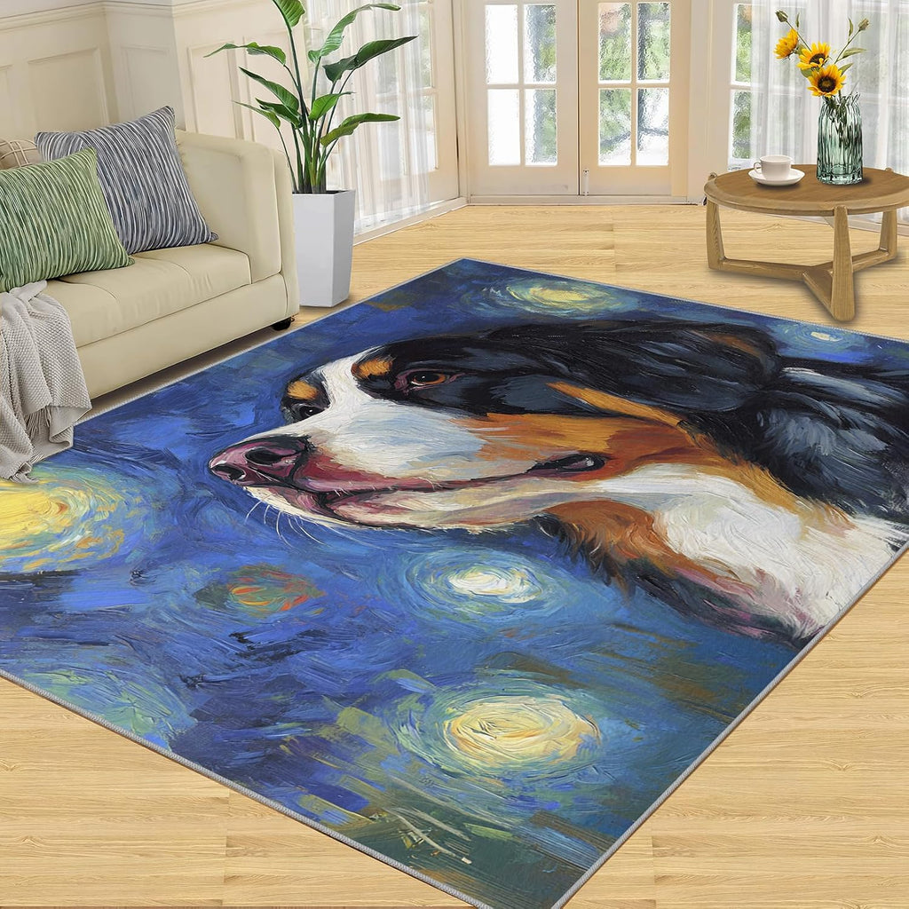 Dog Area Rug 6x8, Starry Sky Dog Rugs for Bedroom, Oil Painting Animals Rugs for Boys Room, Low Pile Non Slip Carpet for Computer Game Room Dormitory