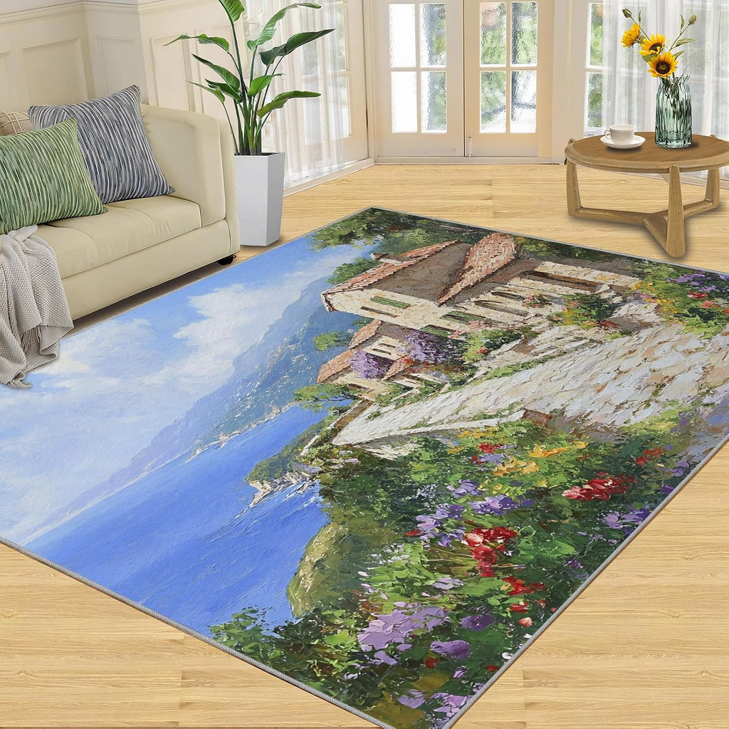Tuscany Italy Rugs for Bedroom - 6x8 Rug, Italian Flowers Street Area Rugs for Living Room, Old Town Carpet, Seascape Washable Area Mat, Oil Painting Carpet, Italy Home Decor & Gifts
