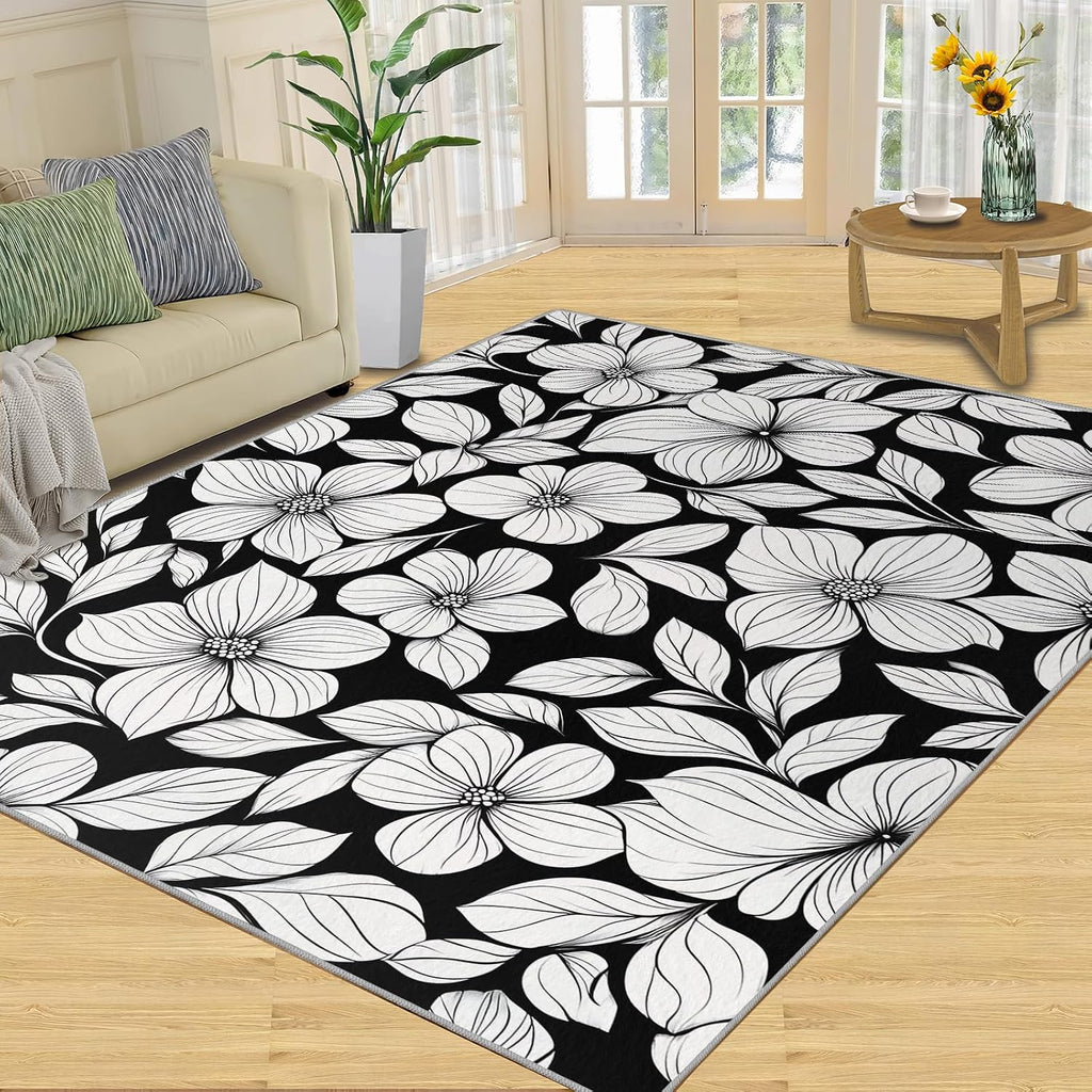 Florals Rugs for Bedroom, Abstract Flowers Rug 6x8, Rural Flowers Dining Room Rugs Washable & Non Slip Large Carpet for Home Decor