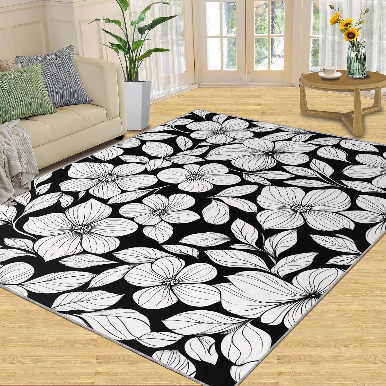 Florals Rugs for Bedroom, Abstract Flowers Rug 6x8, Rural Flowers Dining Room Rugs Washable & Non Slip Large Carpet for Home Decor