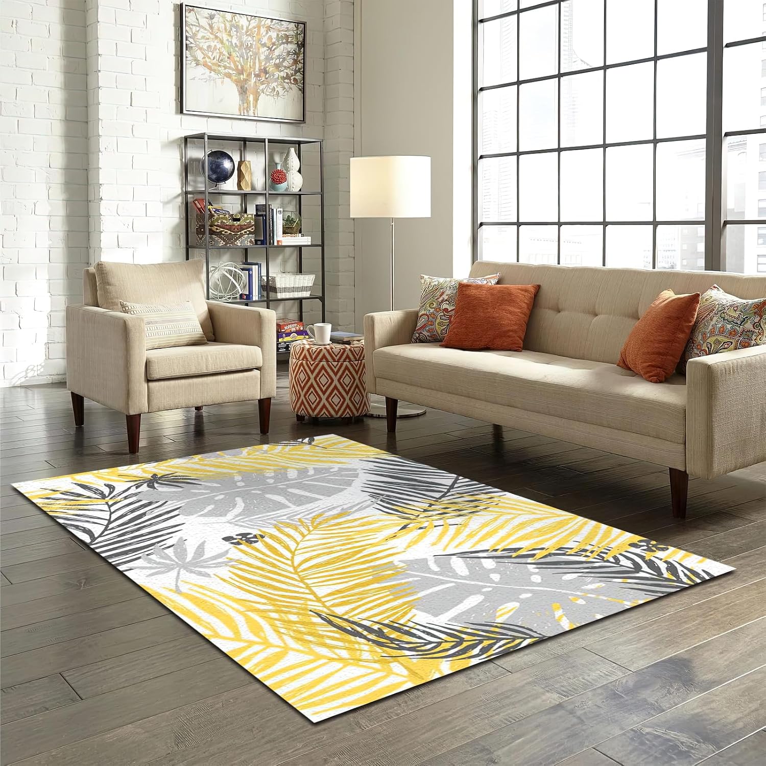 Modern Yellow and Gray Leaves Area Rug, Tropical Plant Leaves Indoor Non Slip Print Rugs, Machine Washable Breathable Durable Carpet for Front Porch Kitchen Entryway Door mats - 5 ft x 7 ft