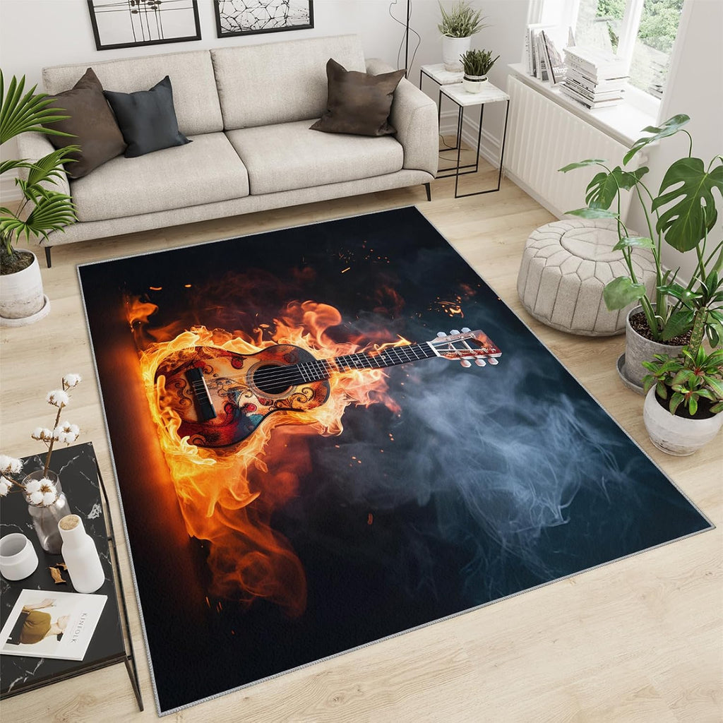 Flame Electric Guitar Music Area Rug 5.6x8 Rugs for Living Room Bedroom, Vintage Guitar Kids Rugs, Dark Copy Space Throw Rugs for Entryway Indoor Front Door Mat Non Slip Bedside Rug