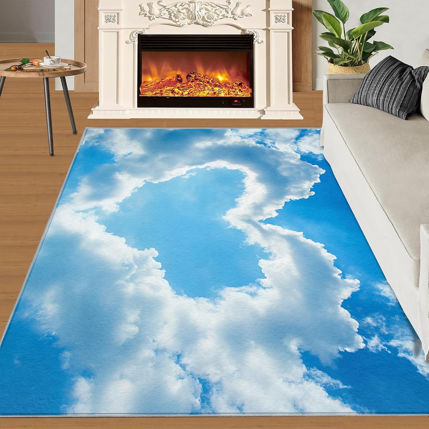 6x8 Heart-Shaped Sky Area Rug - Blue Sky White Clouds Large Rugs for Living Room, Minimalist Carpet Area Rug for Girls Bedroom Kids Room Basement Office Classroom