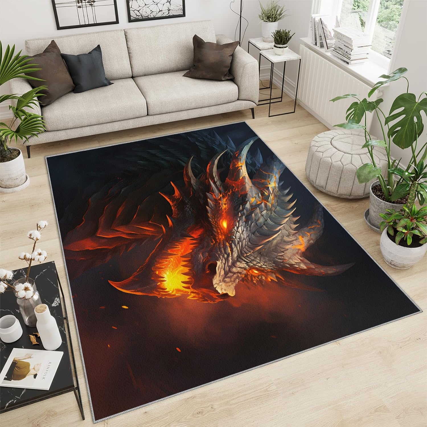 Area Rug 6x8ft, Flame Dragon Rugs for Living Room, Boy Likes Fashion Bedroom Rugs, Ultra Soft Non-Slip Short Pile Carpet for Kids Room Under Kitchen Table Office Bedside