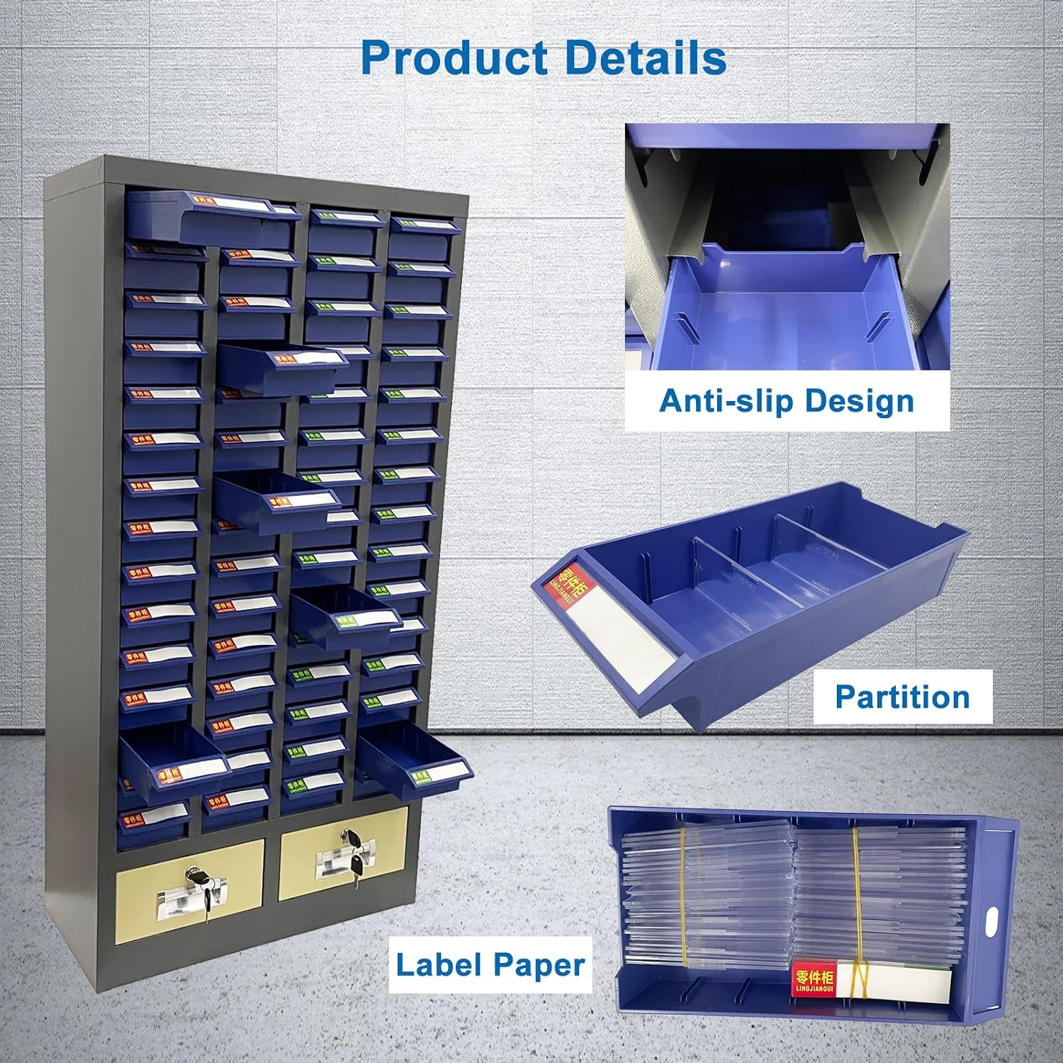 Parts Cabinet 60 Drawers Tool Storage Cabinet Without Door Hardware Organizer with 2 Large Drawers for Nut and Bolt Samples and Electronic Components