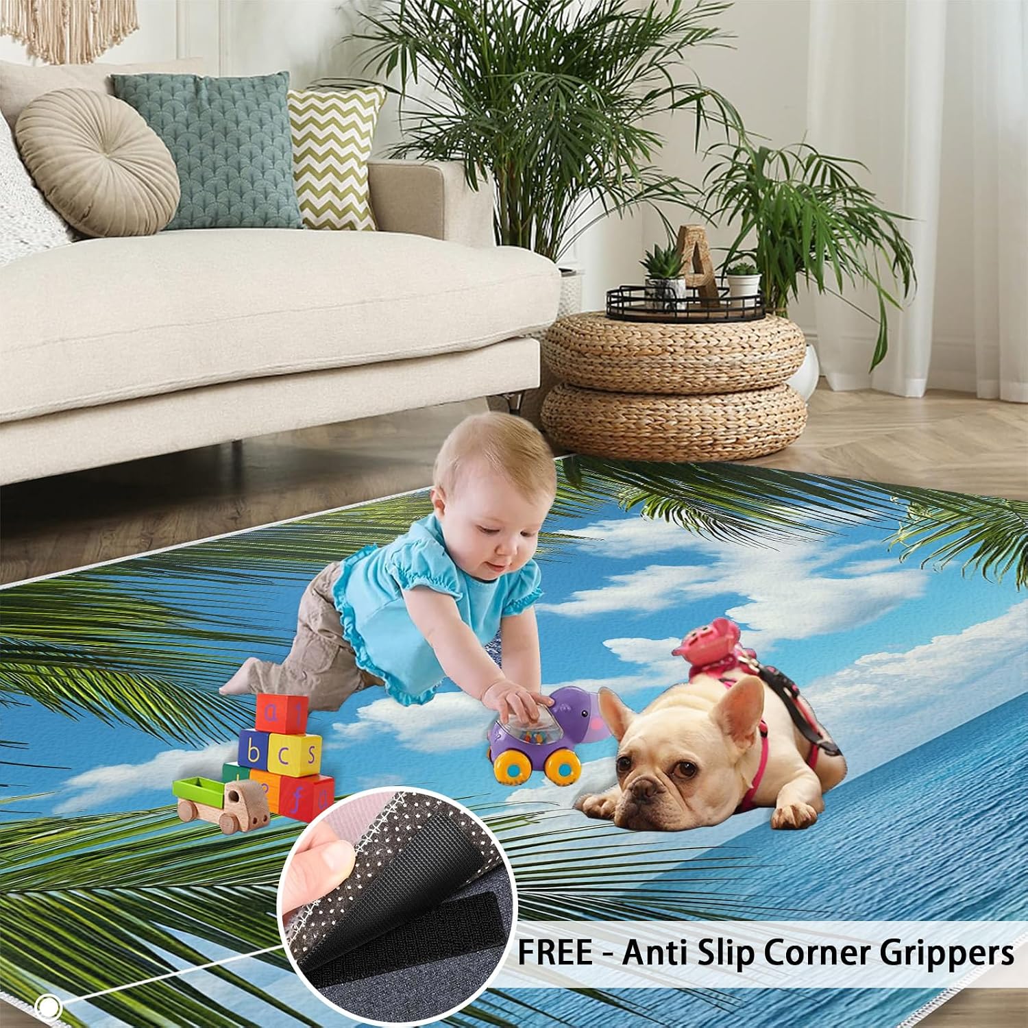 Tropical Palm Leaves Rug 6x8-6x8 Rug, Summer Beach Area Rugs for Living Room Bedroom, Coastal Area Rugs, Blue Ocean Washable Carpet, Landscape Carpet, Beach Home Decor